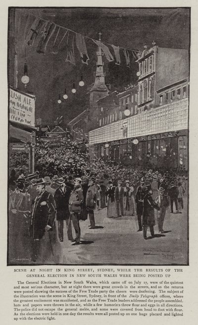 Szene bei Nacht in der King Street, Sydney, während die Ergebnisse der Parlamentswahl in New South Wales bekannt gegeben wurden von Albert Henry Fullwood