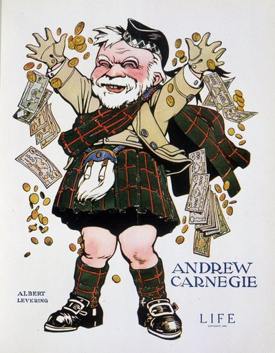 Karikaturporträt von Andrew Carnegie im karierten Anzug und Geld werfend - von Albert Levering (1869-1929), in „Life“ vom 13/04/1905 von Albert Levering