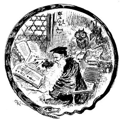 Alchemist, der seine Grimoire (magische - kabbalistische Formeln) unter den Augen einer Eule und eines Dämons konsultiert - der Rahmen des Bildes wird von einer Schlange geformt, die sich in den Schwanz beißt - Lettrine, die den Buchstaben O bildet - Illus von Albert Robida