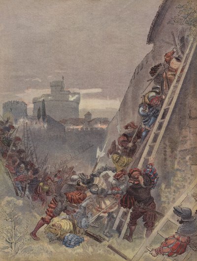 Bourbon wird beim Sturm auf Rom am 6. Mai 1527 getötet von Albert Robida