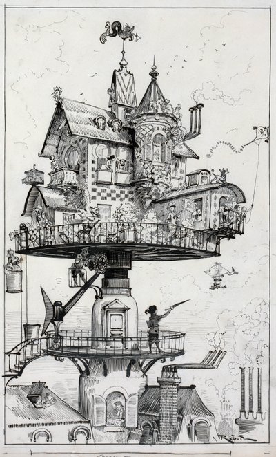 Zeichnung zeigt eine Wohnstruktur, die über den Dächern erhöht ist und so gestaltet ist, dass sie sich in verschiedene Richtungen drehen und anpassen kann, Zeichnung von Albert Robida um 1883 von Albert Robida
