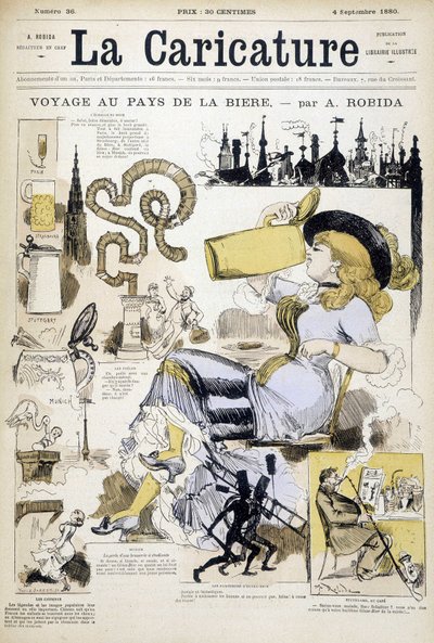 Bearbeitung mit Frau, die einen Bierkrug trinkt von Robida - Titelbild in „La Caricature“ vom 4.9.1880 von Albert Robida