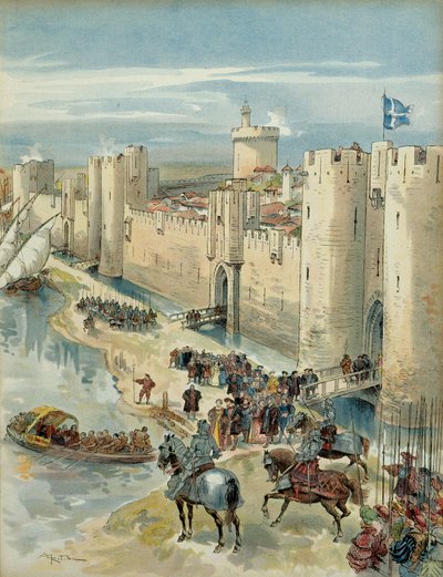 Achter Italienischer Krieg (1536-1538): Treffen von Aigues Mortes (oder Waffenstillstand von Aigues Mortes) am 14. Juli 1538, Treffen zwischen Franz I. (1494-1547), König von Frankreich und Karl V. (1500-1558), König von Spanien und Kaiser des Heiligen Röm von Albert Robida