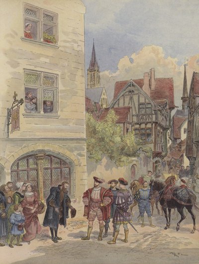 Franz I. wird von Estienne an der Tür seiner Druckerei, zum Zeichen des Olivenbaums, in der Rue Saint-Jean-de-Beauvais in Paris empfangen von Albert Robida