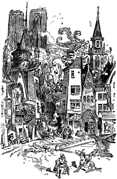Riese Gargantua geht durch Paris und sät Panik und Zerstörung auf seinem Weg. Er lernt, auf die Kathedrale Notre Dame de Paris zu spucken, deren Türme im Hintergrund zu sehen sind. Mit diesem Spucken werden mehr als 3000 Pariser ertrinken! Illustration von Albert Robida