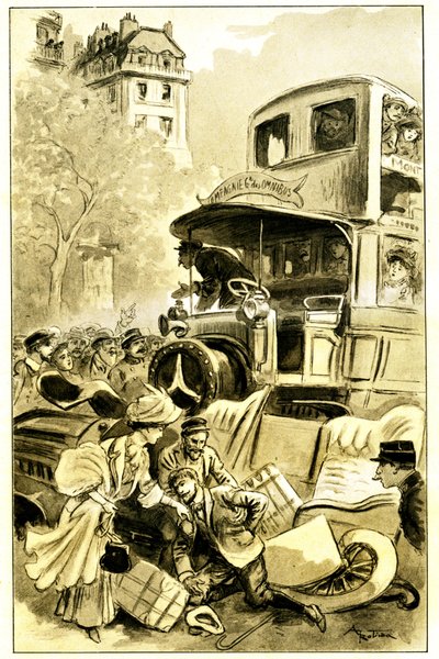 Illustration von Albert Robida für Leon Berthaults Buch „Le record du tour du monde“, Ausgabe Mame Anfang des 20. Jahrhunderts (1911) - ein Verkehrsunfall in Paris um 1900: Auto von einem Omnibus angefahren. Der Fahrer ist verletzt von Albert Robida