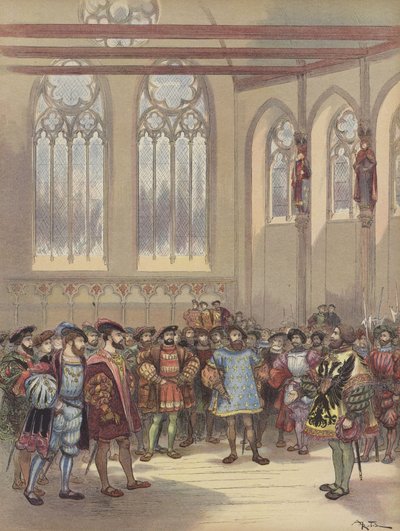 Der Herold Bourgogne, gesandt von Karl V., wird von Franz I. im großen Saal des Parlaments empfangen von Albert Robida