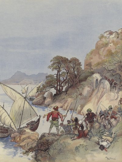 Die Barbaresken terrorisieren die Mittelmeerküste und entführen die Bewohner, um sie als Sklaven zu verkaufen von Albert Robida
