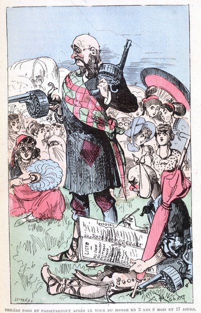 Phileas Fogg und Passepartout nach der Weltreise in 3 Jahren 8 Monaten und 17 Tagen, Parodie von Jules Verne, „Sehr außergewöhnliche Reisen von Saturnin Farandoul in 5 oder 6 Teile der Welt und in alle bekannten oder unbekannten Länder von Herrn Jules Vern von Albert Robida