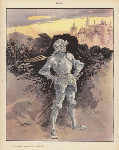 Die Wache; Soldat in Rüstung beobachtet die Belagerung einer Stadt von Albert Robida