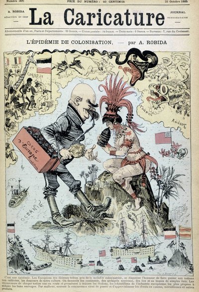 Die Kolonialisierungsepidemie: antikolonialistisches Zeichnen von Robida - in „La Caricature“ vom 31.10.1885 von Albert Robida