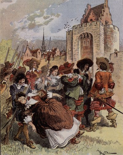 Die Schüchternheit von Hauptmann Bellormeau - „Madame de Malicorne fiel in die Arme eines Sergeanten“. Charakter aus Albert Robidas Buch. Titelblatt „Der kleine Franzose illustriert“ vom 20/01/1900. von Albert Robida