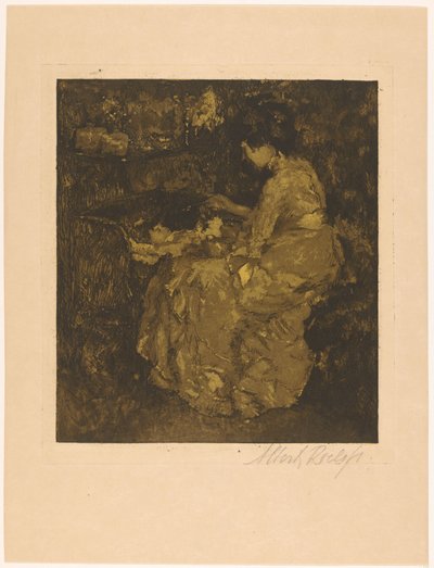 Frau, die ein Kind in einer Wiege füttert von Albert Roelofs (signed by artist)