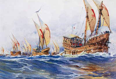 Französische Schiffe von König Ludwig IX. während des achten Kreuzzugs im Jahr 1268, Aquarell von Albert Sebille (1874-1953) von Albert Sébille