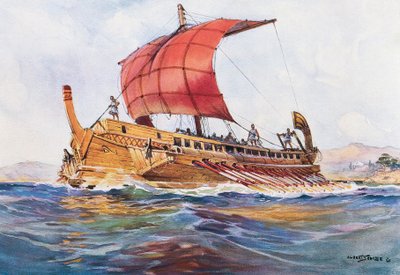 Leuchtschiff aus der klassischen griechischen Ära, Aquarell von Albert Sebille (1874-1953) von Albert Sébille