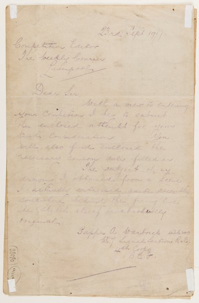 Brief an den Wettbewerbsredakteur, 23. September 1917 von Albert Warbrick