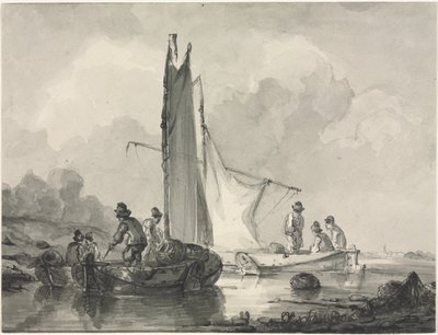 Flusslandschaft mit Fischer und drei Booten von Albertus van Beest
