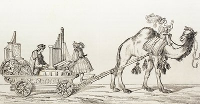 Der Organist Paul Hoffaner spielt in einer von einem Kamel gezogenen Kutsche, ca. 1880 (Gravur) von Albrecht (after) Durer or Duerer