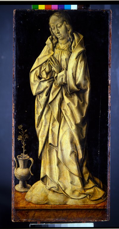 Ehemals die Flügel eines Triptychons, ein Paar, weibliche Figuren, die Weisheit und Großzügigkeit personifizieren, mit der Verkündigung von Albrecht Bouts