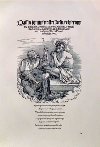 Ein römischer Soldat verspottet Christus, mit dem Namen des Künstlers in lateinischer Sprache oben und unten ein Gedicht, das den Menschen für seine Sünden tadelt, Titelblatt zur Serie Die Große Passion, veröffentlicht 1511 von Albrecht Dürer