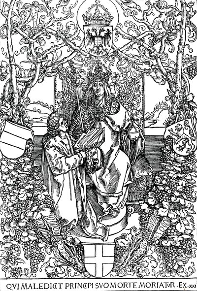Conrad Celtes überreicht sein Buch Quatuor Libri Amorum an Maximilian I, 1502 von Albrecht Dürer