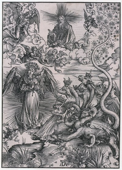 Sonnenweib und der siebenköpfige Drache, IX. Figur, Blatt 11 der Folge "Die Apokalypse" von Albrecht Dürer