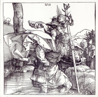 St. Christophorus trägt das Christuskind, 1511 (Holzschnitt) (bw Foto) von Albrecht Dürer