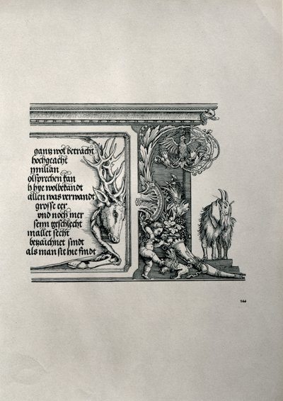 Der Triumphbogen von Kaiser Maximilian I. von Deutschland: Detail eines Hirschfells mit einer Inschrift, die die Familienverbindungen des Kaisers lobt, mit einem Schlappohr-Ziegenbock, Symbol für scharfes Gehör, 1517-18 von Albrecht Dürer