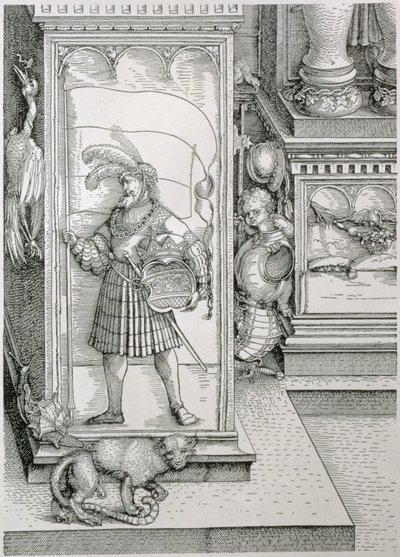 Der Triumphbogen von Kaiser Maximilian I. von Deutschland: Detail der Portalbasis mit einem geschnitzten Relief einer männlichen Figur, die ein Banner und ein gekröntes Wappen trägt, 1517-18 von Albrecht Dürer
