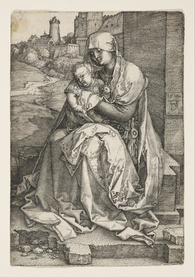 Die Jungfrau sitzt an einer Mauer von Albrecht Dürer