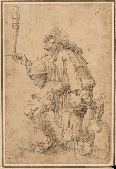 Ein grotesker Mann kniet und hält ein hohes Bierglas am Boden von Albrecht Dürer