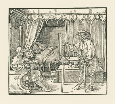 Ein Künstler zeichnet einen sitzenden Mann auf eine Glasscheibe durch ein Visier von Albrecht Dürer or Duerer