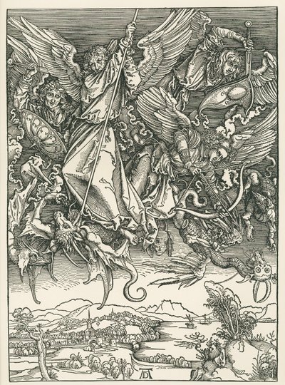Erzengel Michael kämpft gegen den Drachen. Die Offenbarung des Heiligen Johannes von Albrecht Dürer or Duerer