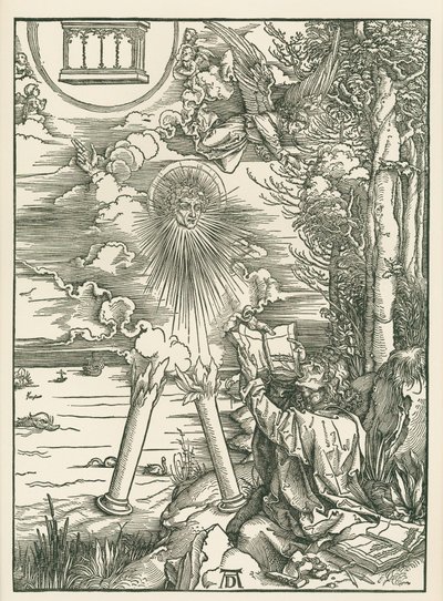 Sankt Johannes verschlingt das Buch, das ihm der Engel überreicht. Die Offenbarung des Johannes von Albrecht Dürer or Duerer