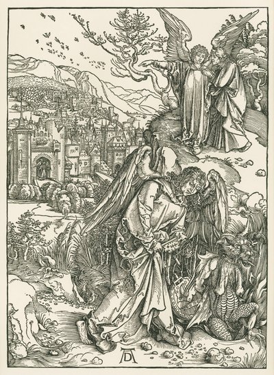 Der Engel mit dem Schlüssel wirft den Drachen in den Abgrund und ein anderer Engel zeigt dem Heiligen Johannes das Neue Jerusalem von Albrecht Dürer or Duerer