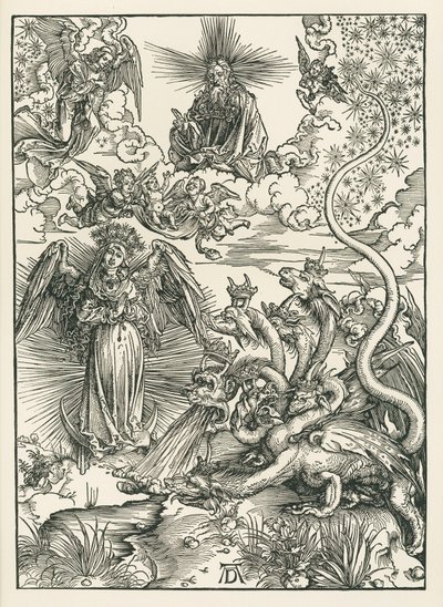 Die Frau mit der Sonne bekleidet und der siebenköpfige Drache. Die Offenbarung des Johannes, c.1497 von Albrecht Dürer or Duerer