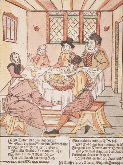 Ein Vater, der von seinem Sohn misshandelt wird (farbiger Holzschnitt) von Albrecht Schmid