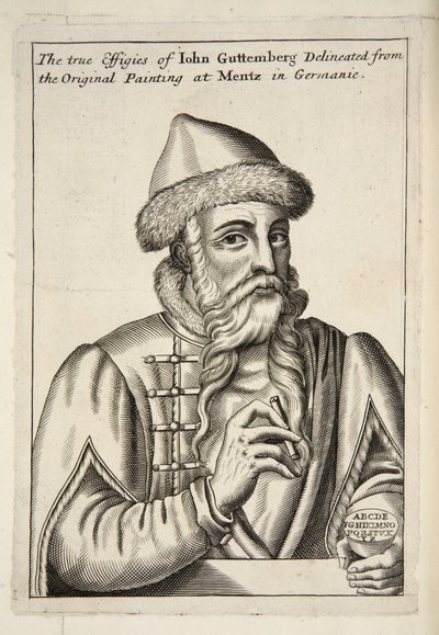Johannes Gutenberg, aus Mechanick Exercises: or The Doctrine of Handy-Works applied to the Art of Printing, veröffentlicht 1683 von Albrecht after Mentz