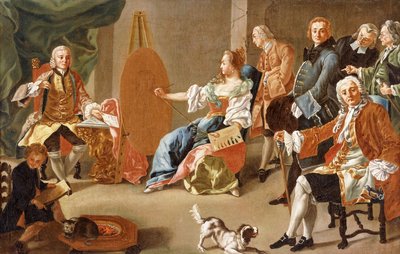 Eine Allegorie der Malerei: Eine elegante Gesellschaft in einem Innenraum mit einem Herrn, der für sein Porträt sitzt von Alesio D Elia