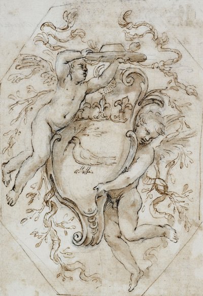 Zwei Putti, die einen Kardinalshut und ein Wappen mit den Armen von Camillo Pamphili tragen: Entwurf für eine Stuckdekoration von Alessandro Algardi