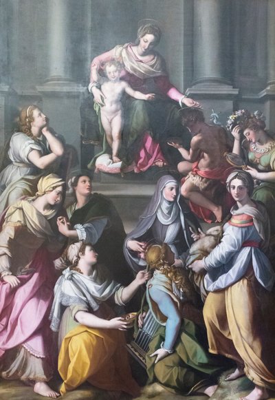 Madonna auf dem Thron mit Kind, umgeben von Heiligen und Figuren von Alessandro Allori