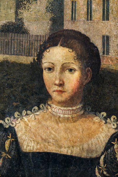Porträt einer Adligen, Detail des Kleinen Zimmers der Edlen Damen von Alessandro Bonvicino Moretto