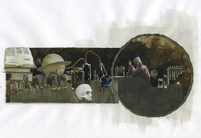 Alchemist in seinem Labor umgeben von Flaschen und Destillierkolben von Alessandro Lonati