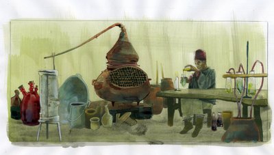 Alchemist in seinem Labor mit Gläsern und Destille - Illustration von Alessandro Lonati von Alessandro Lonati