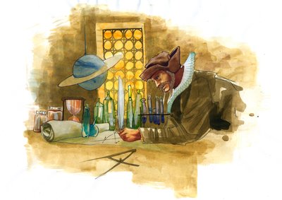 Ein Alchemist in seinem Labor, umgeben von Fläschchen und Destillierapparaten, untersucht den Inhalt eines Fläschchens von Alessandro Lonati