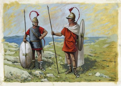 Antikes Griechenland: Thureophoros-Söldner (3.-1. Jahrhundert v. Chr.) (rechts) und Thorakites (links) Zeichnung von Alessandro Lonati von Alessandro Lonati