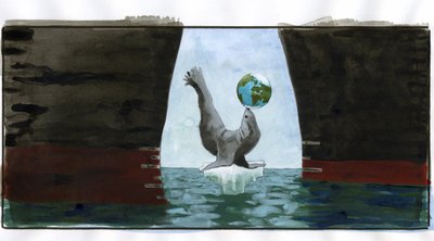 Ökologie und Klimaerwärmung: schmelzendes Eis, eine Robbe spielt mit dem Planeten auf ihrer Schnauze, ruht auf der letzten kleinen Spitze eines Eisbergs; um sie herum drohen die Rümpfe von Öltankern - Allegorie, die den Planeten im Gleichgewicht darstellt von Alessandro Lonati