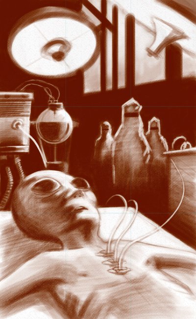Fantastische Kreatur: ein Alien, das Labortests unterzogen wird. Illustration von Alessandro Lonati, 2010 von Alessandro Lonati