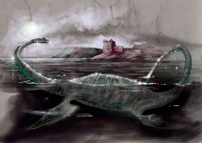 Fantastische Monster und Kreaturen, Kryptozoologie: Darstellung von Nessie, dem Loch Ness Monster in Schottland von Alessandro Lonati