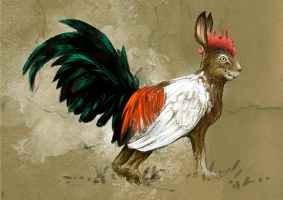 Fantastische Monster und Kreaturen, Kryptozoologie: Darstellung eines Skvader, imaginäres Wesen aus Schweden, halb Hase und halb großer Auerhahn, geschaffen 1918 vom Präparator Rudolf Granberg - Zeichnung von Alessandro Lonati, 2012 von Alessandro Lonati